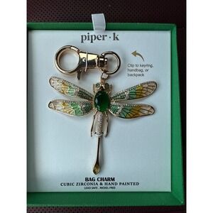 Piper K‎ Dragonfly Bag Charm Gold Tone Cubic Zirconia Keyring Handbag Clip